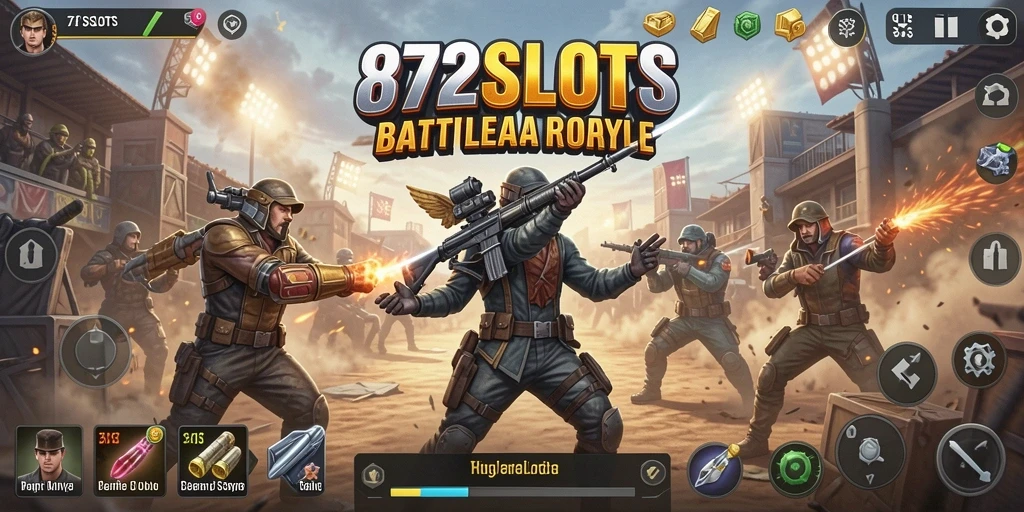 Tangkapan layar utama 8728SLOTS menunjukkan aksi pertempuran intens dalam mode Battle Royale.