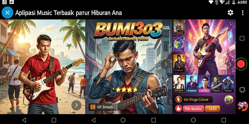 Tampilan gameplay BUMI303 dengan fitur musik dan karaoke.
