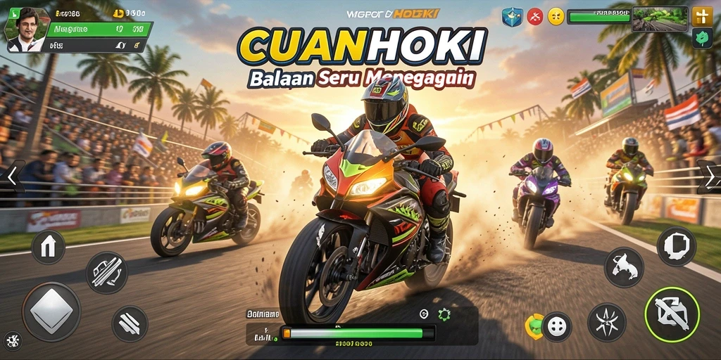 Tampilan gameplay CUANHOKI yang seru dan mendebarkan saat balapan motor.