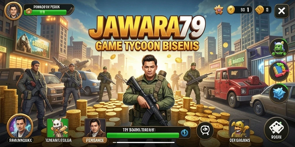 Tangkapan layar gameplay JAWARA79 menggambarkan manajemen bisnis yang dinamis.