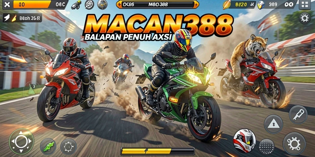 Screenshot gameplay <strong>MACAN388</strong> menampilkan balapan motor yang seru dan mendebarkan.