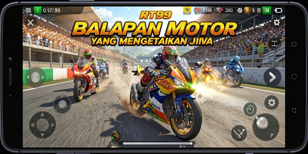 Screenshot RT99 menampilkan aksi balapan motor yang intens dan seru.