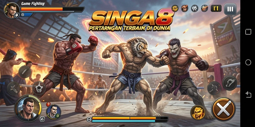 Tampilan gameplay SINGA8 dengan pertarungan yang menegangkan.