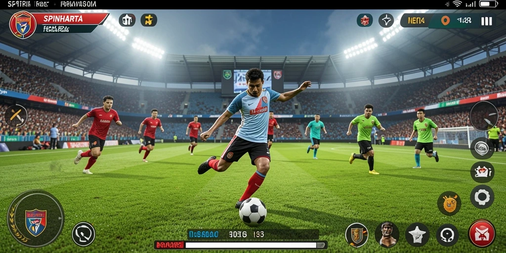 Tangkapan layar SPINHARTA menampilkan aksi seru dalam pertandingan sepak bola.