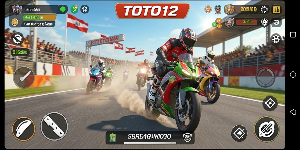 Screenshot gameplay TOTO12 yang menunjukkan adrenalin tinggi balap motor.